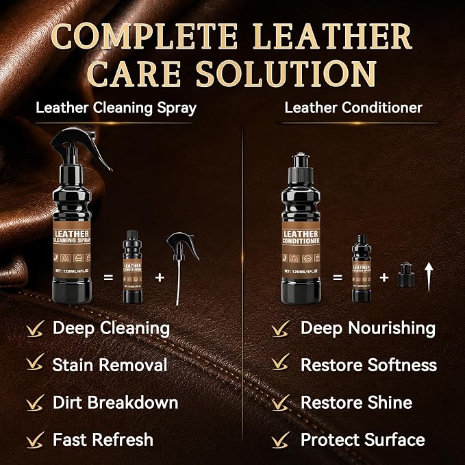 Leather Cleaner and Conditioner, Leather Cleaning Kit, Leather Conditioner, Cleans Stains, Restores Softness and Shine, Protects Cracking, for Car Seats, Sofa, Bags, 2 Bottles (4 oz Each)
