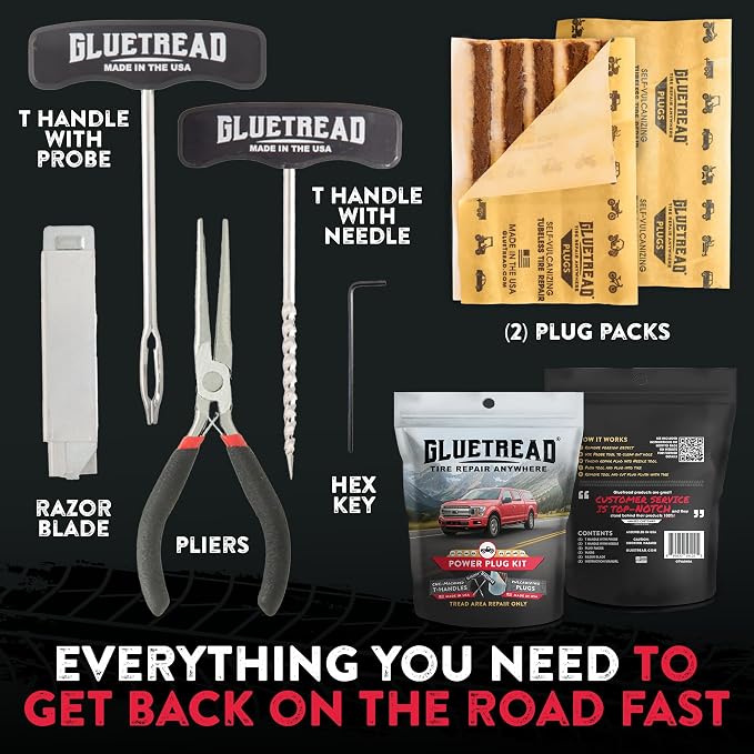 GlueTread On Road Heavy Duty Tire Plug Kit - Tire Repair Kit with Plugs - Made in USA CNC-Machined T-Handles, 10 Plugs, Pliers and Razor Blade - Flat Fix for Car, Truck and Motorcycle Tires