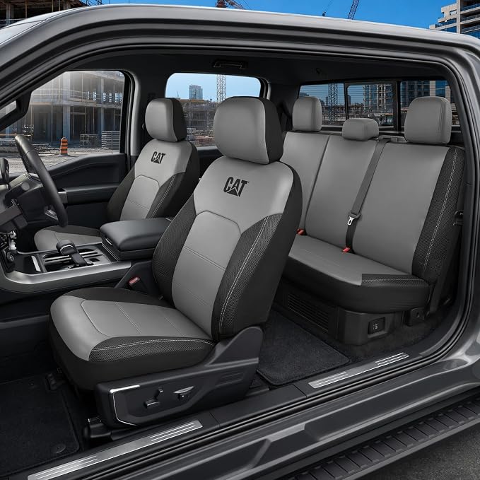 CAT Leather Seat Covers Full Set for Full-Size Pickup Trucks Only - Gray | Front Bucket Seat Covers & 60/40 Split Rear Bench Protector – Interior Accessories For F-150, Silverado, Ram, Sierra & Tundra