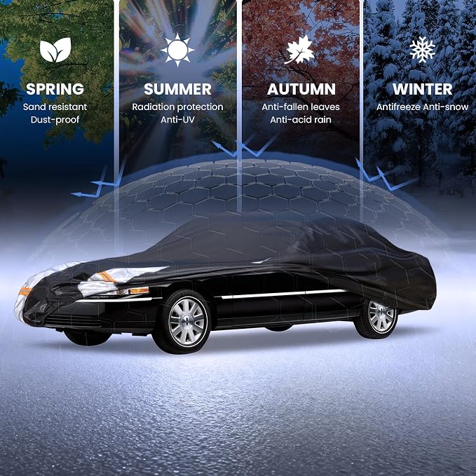 Multi-Layer Car Cover Custom Fit for Lincoln Town(1981-2011), 100% Waterproof All Weather for Automobiles, Gift with Towel, Heavy Duty Car Covers for Rain Sun UV Protection with Door Zipper.