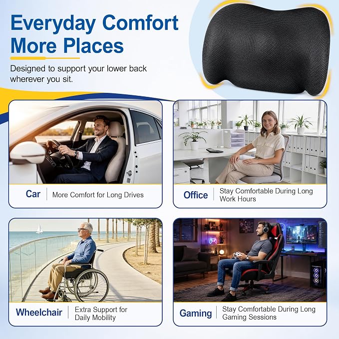 Lumbar Support Pillow for Car, Back Support Cushion for Office Chairs | Memory Foam Car Lumbar Support for Driving Seat, Adjustable Straps, Car Back Support for Long Drives, Office Chairs, Black