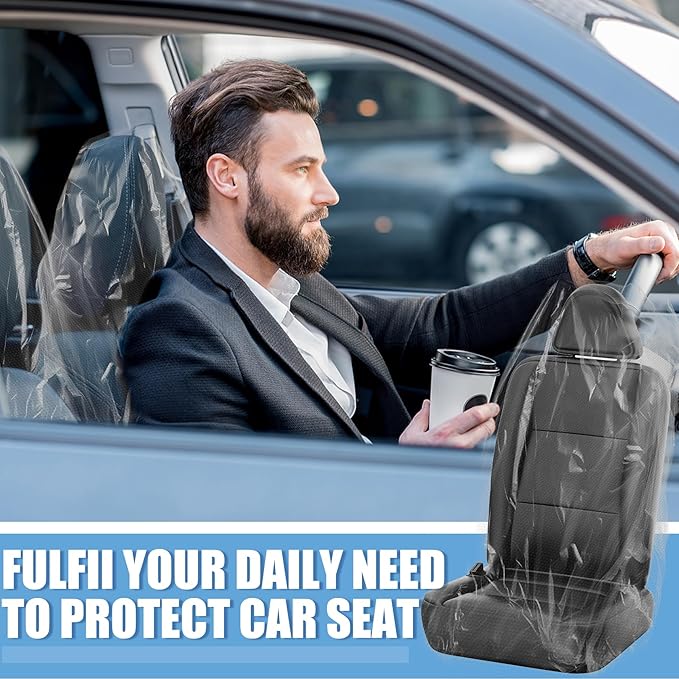 MYFAMIREA 200 PCS Disposable Car Seat Covers Clear Plastic Vehicle Seat Protector, Plastic Seat Covers Protector Universal Water Resistant and Stain Resistant for Cars Auto Truck Bus Airplane