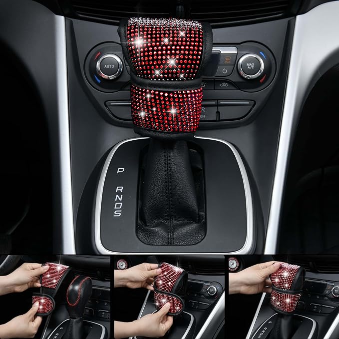 CAR PASS 23 PCS Bling Diamond Car Accessories Set for Women, Leather Car Seat Covers Full Set Sparkly Rhinestone15'' Steering Wheel Covers Shining Diamond Car Floor Mats Cute Car Interior Sets, Red