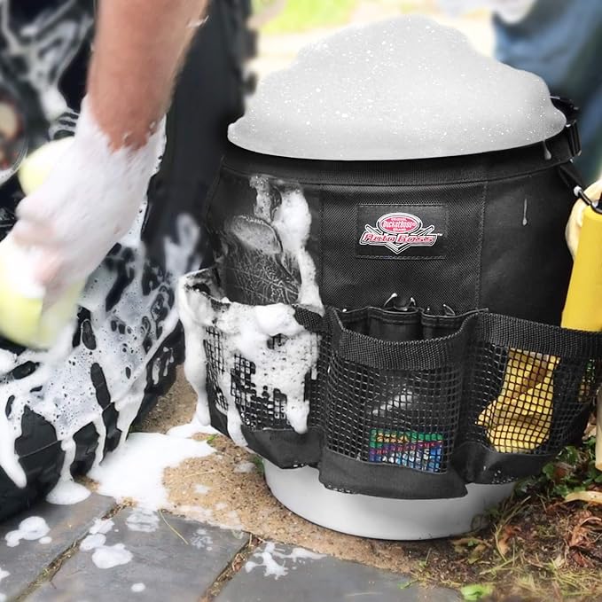 Bucket Boss Auto Boss Wash Boss Organizer for a 5 Gallon Bucket, with Fast-Drying, Exterior Mesh Pockets for Car Supplies, Allowing for Soap and Water in the Bucket, in Black, AB30060
