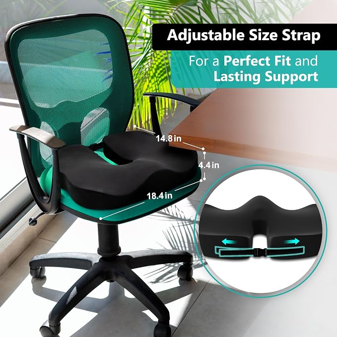 Seat Cushion - High-Density Charcoal Memory Foam Office Chair Cushion with Adjustable Strap & Washable Non-Slip Cover | Supports Sitting Posture for Office, Car & Home