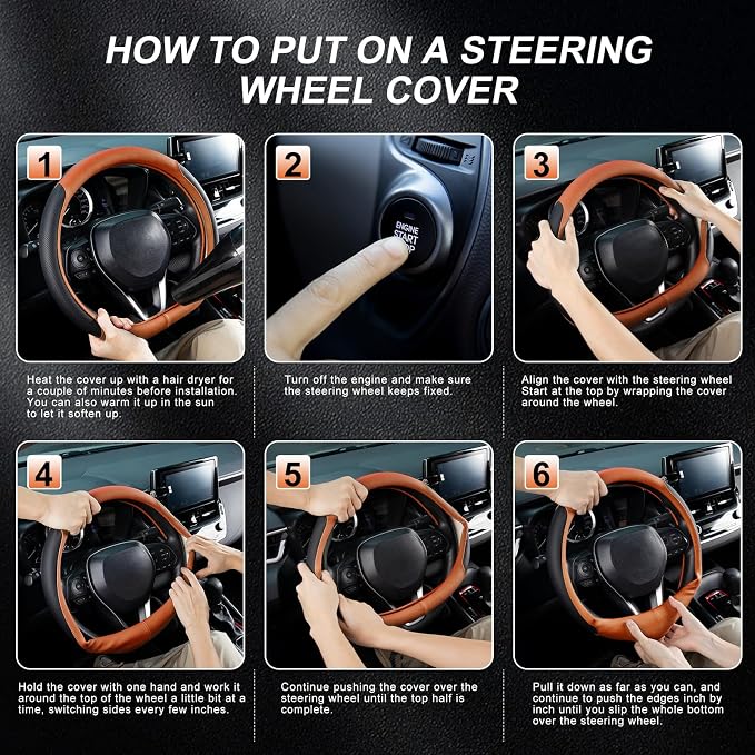 SEG Direct D Shaped Steering Wheel Cover for 14.5-15 inch Flat Bottom Wheels, Breathable Perforated Microfiber Leather, Anti-Slip Grip, Universal Fit for Cars & SUVs, Black and Orange