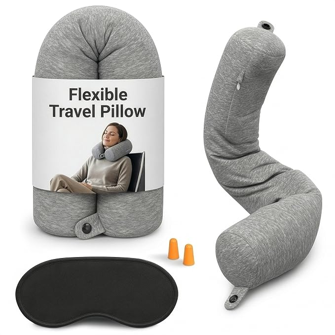Twist Memory Foam Neck Pillow Travel Airplane, Car & Train - Adjustable & Bendable Airplane Pillow for Long Flight, Breathable, Washable Cotton Cover, Eye Mask & Earplugs | Neck, Chin & Lumbar Support