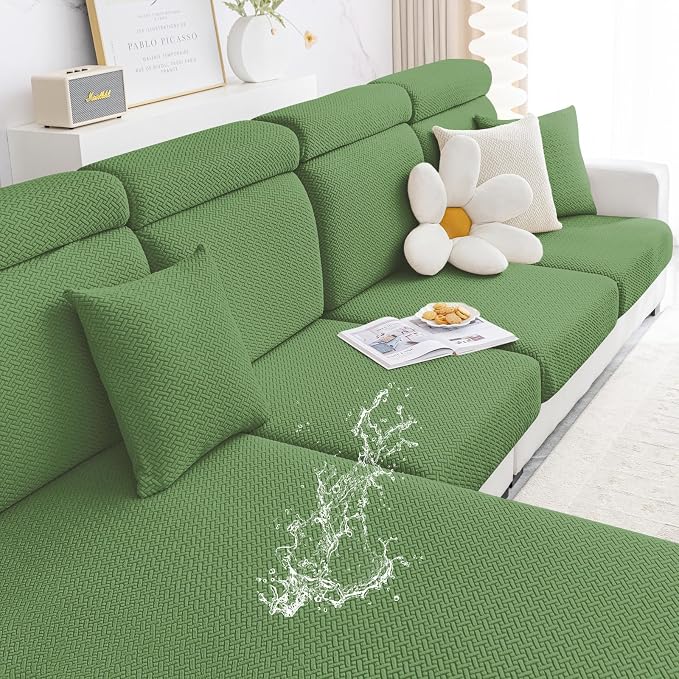 Smiry Waterproof Couch Cushion Covers, Stretch Jacquard Sectional Couch Covers, L Shape Chaise Lounge Sofa Slipcover, Washable Elastic Furniture Protector for Pets, Kid (Chaise Cover, Grass Green)