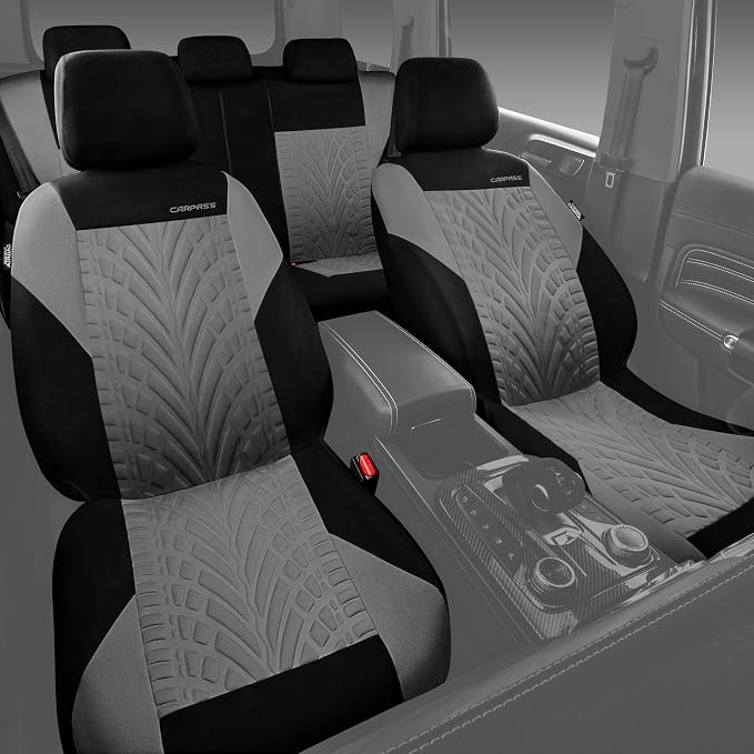 CAR PASS Car Seat Covers Full Sets, Front & Split Rear Bench for Car, 3D Tyre Embossed Automotive Interior Covers, Airbag Compatible, Quick Setup Universal Fit Seat Covers for Car, SUV(Black Gray)