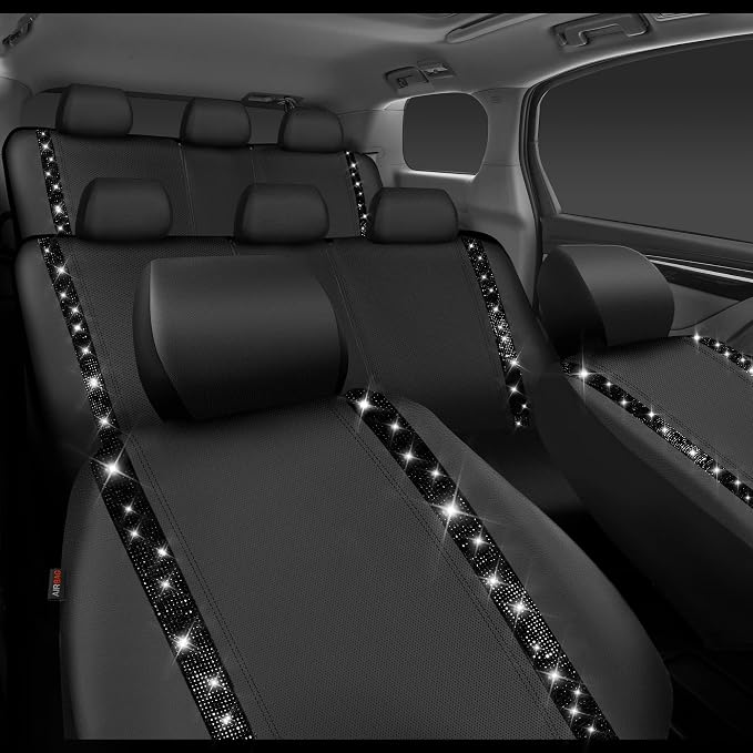 CAR PASS Bling Diamond Car Seat Covers,Shining Rhinestones Waterproof Faux Leather, 8 Seats 3 Rows with Zipper Glitter Crystal Sparkle Strips Universal Fit 95% MPV,SUV,CAR for Women Girl, Black