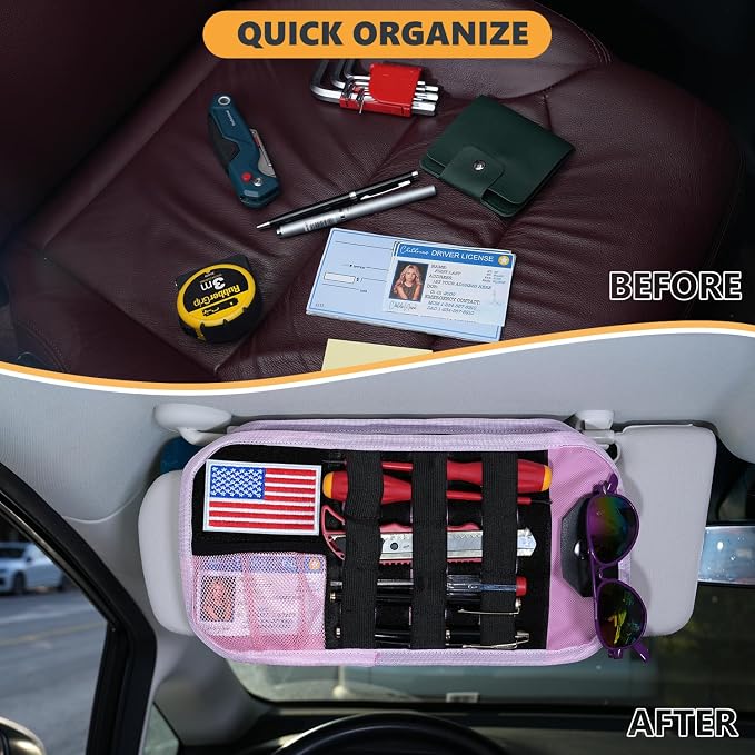 GNEGNI Tactical Car Sun Visor Organizer - Rigid MOLLE Panel Vehicle Storage Pouch with 3 Straps - Car Interior Document and Tool Holder for Truck, SUV, Jeep (13" x 7") (Pink)