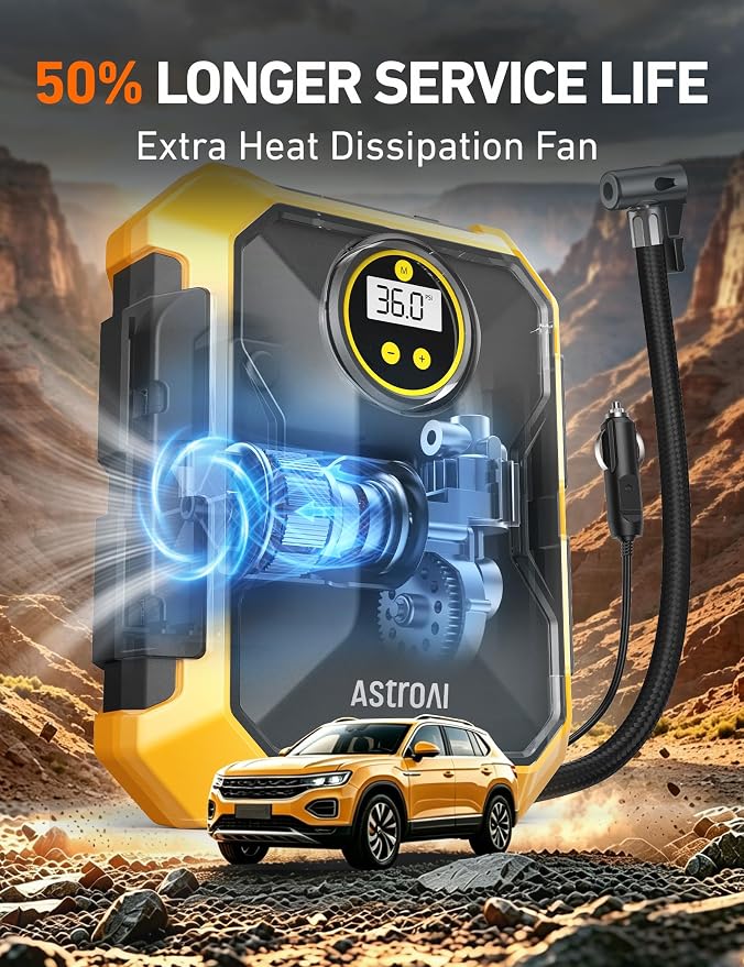 AstroAI Tire Inflator Portable Air Compressor 12V DC 100PSI, Integrated Storage, Digital Gauge, Auto Shut-Off Fast Inflation LED Light, Air Pump for Car Tires Bike Motorcycle Other Inflatables, Yellow