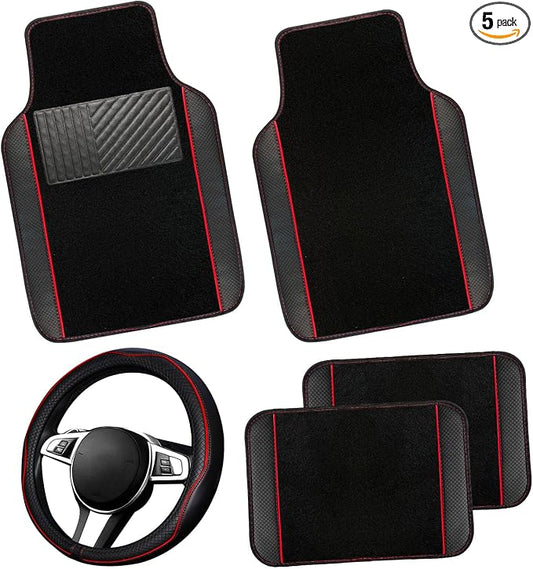 NBTEPEM Microfiber Steering Wheel Cover and Waterproof Car Floor Mats, Universal Fit Most Truck, SUV, Cars, 14.5-15inch Sporty Steering Wheel Covers with Anti-Slip Lining (Black with Red line)
