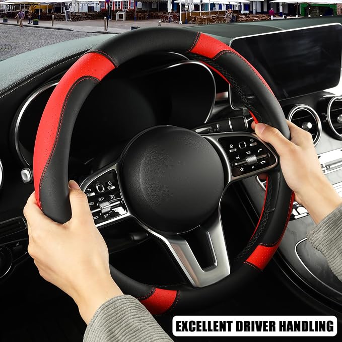 Black Red Microfiber Leather Steering Wheel Cover 14 inch | Breathable Anti Slip Grip Cool Sporty Look Glow for Women Men