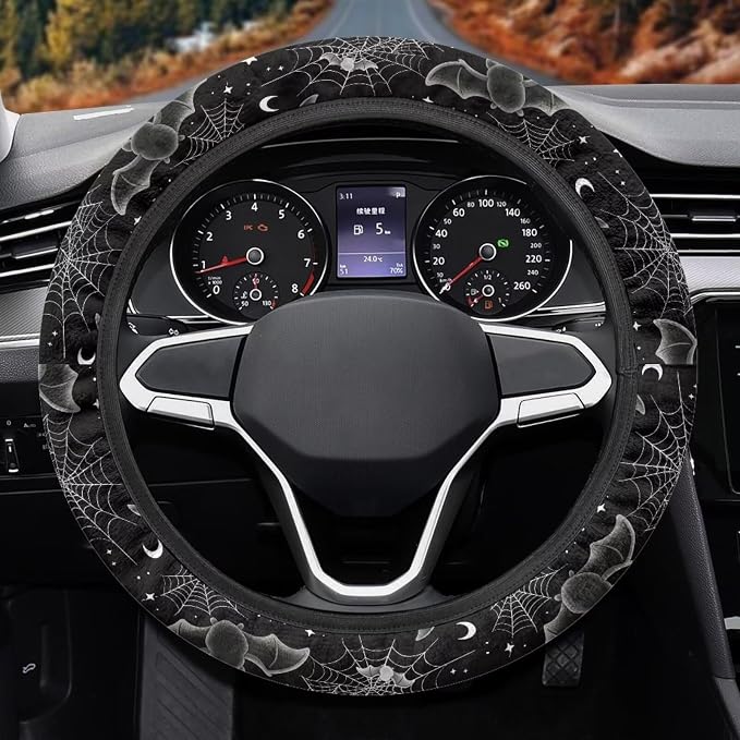 AFPANQZ Automotive Steering Wheel Covers for Driver Universal 14 to 15 in | Bat Spider Web Print Steering Wheel Protector with Cloth for Women, Keep Warm Comfort Grip, Sweat Absorption Neoprene