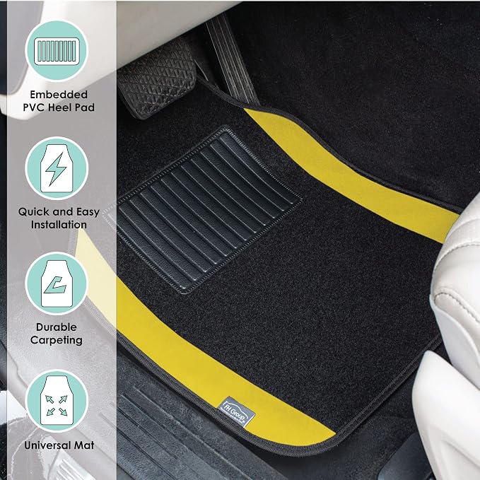FH Group Universal Fit Premium Carpet Automotive Floor Mats Fits Most Cars, SUVs, and Trucks with Driver Heel Pad, Full Set Yellow