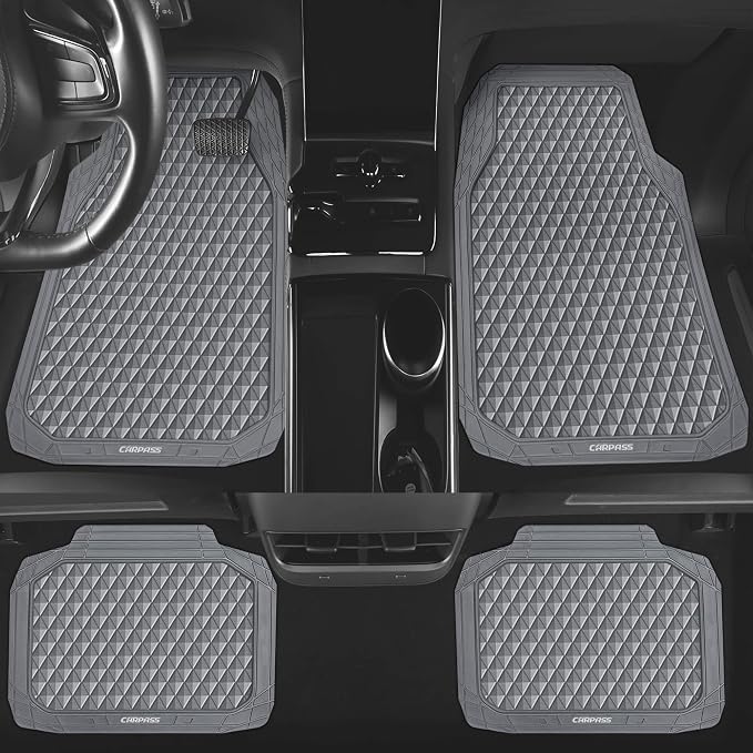 CAR PASS Gray Rubber Car Mats, All-Weather Floor Mats Full Set Durable Anti-Slip 3D Rhombus Waterproof Automotive Pad Trim to Fit Liner Universal Fit for Sedan SUV Truck Van, 4 Pcs All Gray Rubber