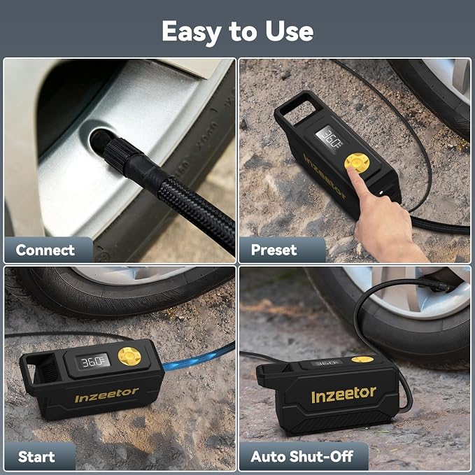 150 PSI Tire Inflator Portable Air Compressor, 12V DC Auto Shutoff Air Pump with Digital Pressure Gauge and Emergency LED Light for Car Tires, Bicycle & Balloons, Black