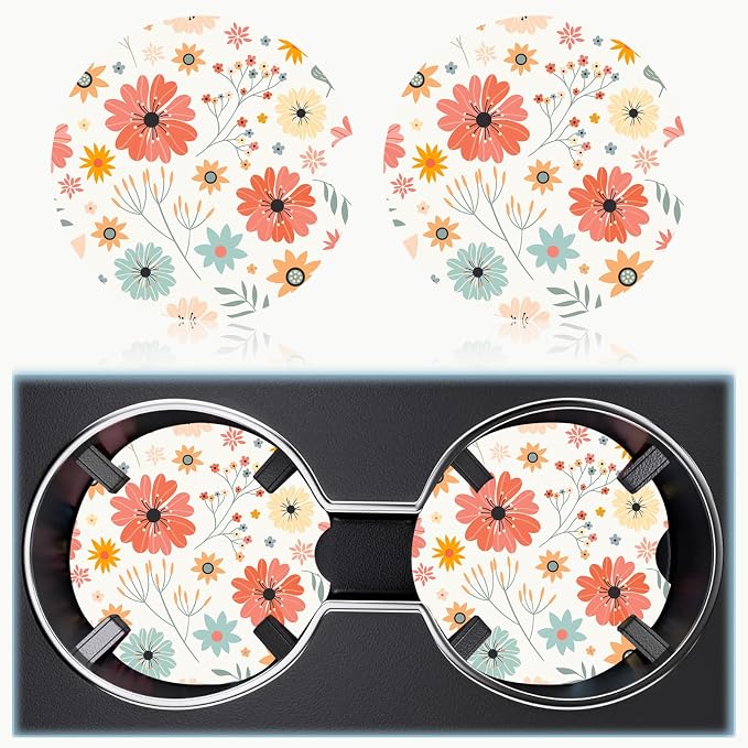 Car Cup Holder Coaster Set of 2, 2.56 in Ceramic Coasters, Scratch-Resistant Cork Backing, Finger Groove Design for Easy Placement, Cute Car Accessories Interior for Women (Red Flowers)