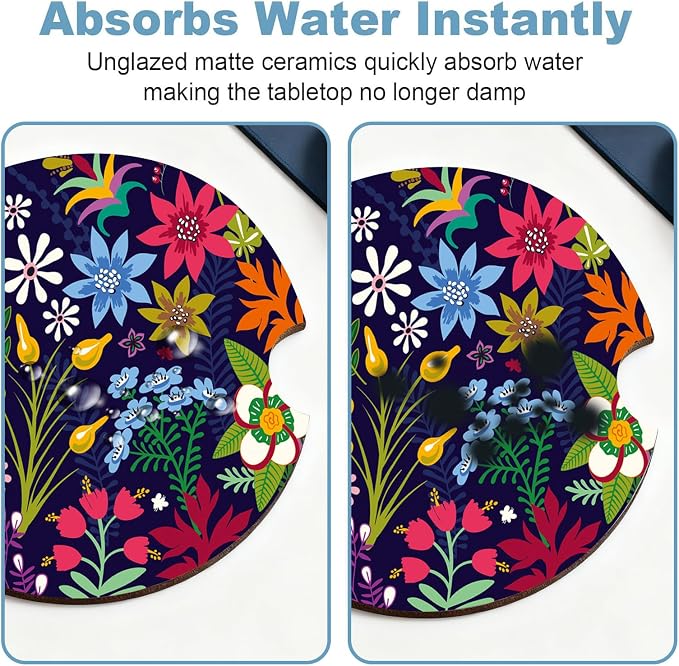 Car Cup Holder Coaster Set of 2, 2.56 in Ceramic Coasters, Scratch-Resistant Cork Backing, Finger Groove Design for Easy Placement, Cute Car Accessories Interior for Women (Tropical Flowers)