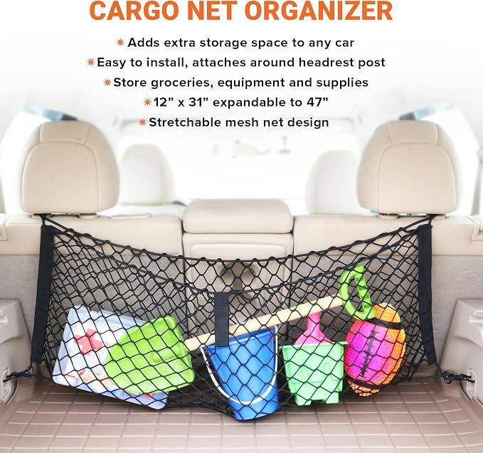Armor All Cargo Net Organizer, 12” x 31” Inch Expandable up to 47” Inches, Super-Durable Nylon Material, Attaches to Headrest Post, Stretchable Net Car Trunk Organizer with Mesh Pocket, Universal Fit