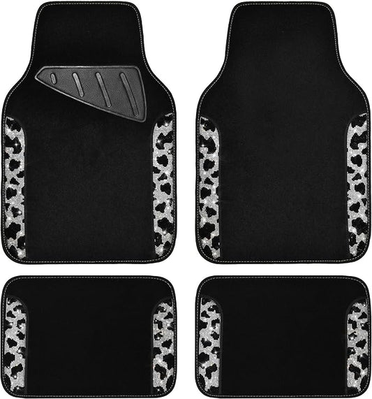 CAR PASS Bling Cow Car Mats Rhinestones Diamond Waterproof Floor Mat Crystal Sparkly Shining Glitter Carpet Anti-Slip PVC Heel Pad, Universal Fit Automotive SUV,Sedan,4pcs Girly Women, Cow Diamond