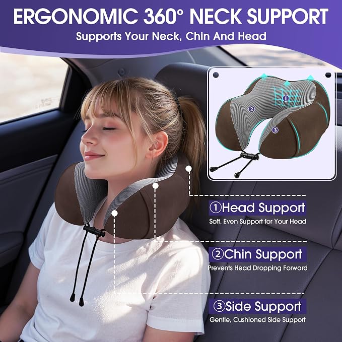 CloudBliss Travel Pillow for Plane, Memory Foam Neck Pillow for Travel, Airplane Pillow with Eye Mask, Earplugs, Storage Bag, Compact Neck Pillow for Long Flight, Car & Office, Trip Essentials, Brown
