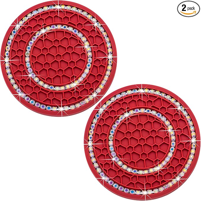 2PCS Bling Crystal Rhinestone Cup Coaster Insert, 2.75 inch Soft Silicone Anti-Slip Shockproof, Car Drink Holder Coaster, Universal Car Interior Accessories for Women (Red & Colorful)