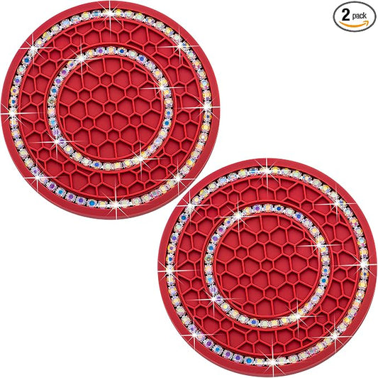 2PCS Bling Crystal Rhinestone Cup Coaster Insert, 2.75 inch Soft Silicone Anti-Slip Shockproof, Car Drink Holder Coaster, Universal Car Interior Accessories for Women (Red & Colorful)