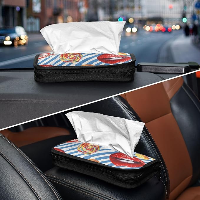 Blue Valentine Lips Lollipops Car Tissue Holder Durable Napkin Holder Hanging Tissue Holders Case Car Tissues Bag for Sun Visor Seat Back Universal Auto