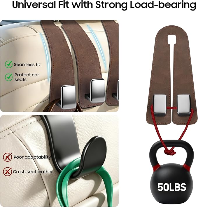 Amooca Car Headrest Hooks, Premium Suede with Metal Car Seat Back Storage Hooks for Handbag Coats Umbrella Backpack - 4 Pack, Brown