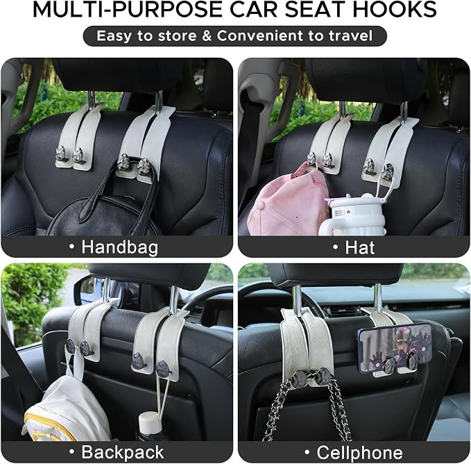 2PCS Leather Car Seat Hooks for Headrest, Vehicle Hanger Storage Organizer Universal for Handbag Purse, Car Accessories Gift (White-Black)