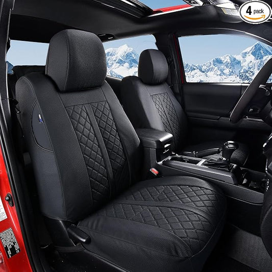 Truckiipa Custom for Toyota Tacoma Front Pairs Car Seat Covers, Leather Waterproof Truck Seat Cushion Covers Fit for 4th Gen 2024 2025 2026 Toyota Tacoma Double Crew Cab, Front Pair, Black