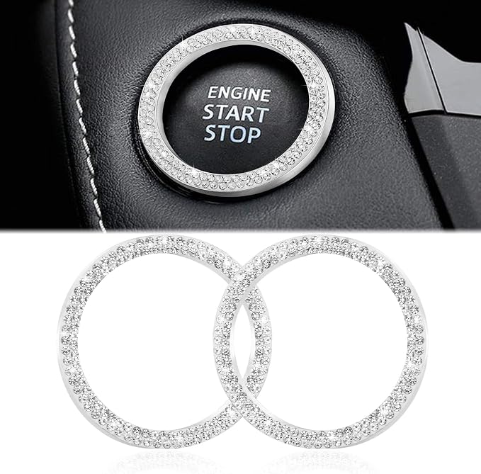 WINKA 2pcs Bling Car Engine Start Button Cover Diamond Crystal Push Start Stop Button Ring Sparkly Bling Ignition Button Cover Rhinestone Keyless Ignition Ring Universal Car Accessories (White)