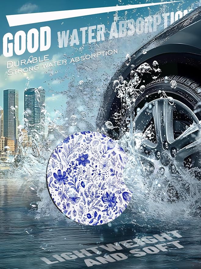 Car Cup Coasters,2 Pack Car Coaster,2.75inch Anti Slip and Absorbent Cars Coasters for Cup Holders,Neopren Accessories for Women,Cute Decor for Women (Blue and White Flower)