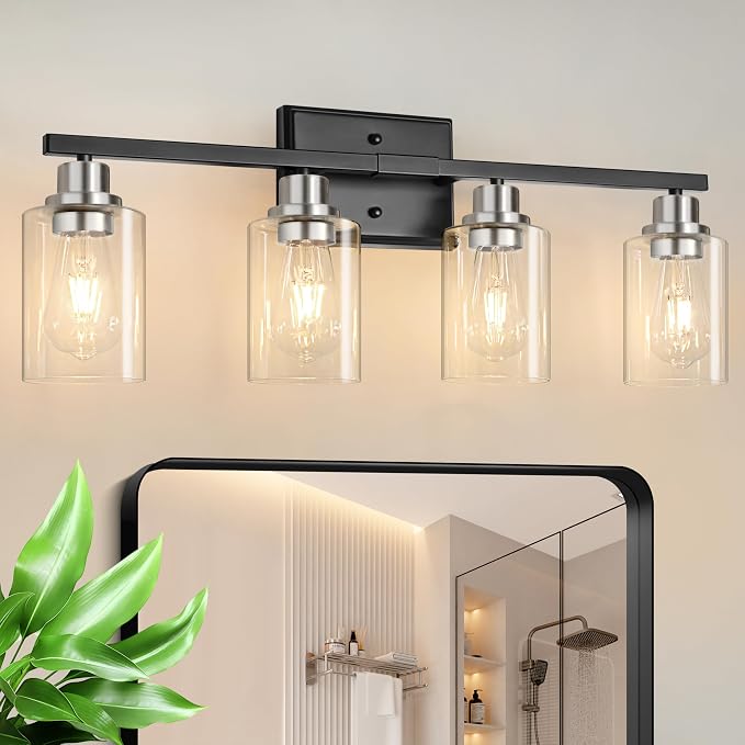 Unicozin Modern Bathroom Light Fixtures, 4 Light Vanity Lights Over Mirror, Black and Brushed Nickel Wall Lamp with Clear Glass for Living Room Cabinet Bedroom Porch