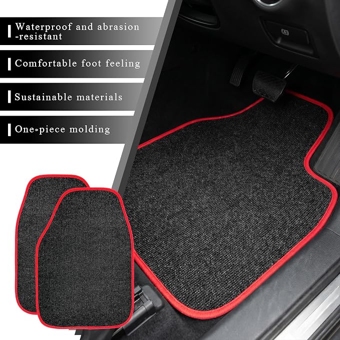 4PCS Car Floor Mats, Anti-Slip Waterproof Car Carpets with Safety Heel Pad, Heavy Duty Floor Mat for All Weather Protection, Universal Trim to Fit for Sedans Trucks SUVs (Black & Red)