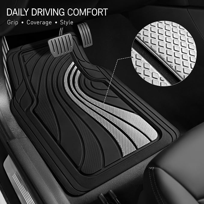 Road Comforts Car Floor Mats Full Set – Front & Rear Car Floor Mats with Aluminum Design, Anti-Slip Backing, All-Weather Protection, Trim-to-Fit Car Mats for Most Sedans, SUVs & Vans - Sliver