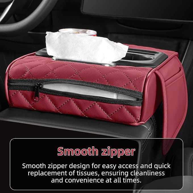 5 in 1 Nappa Leather Console Armrest Cover, Burgundy | Built-in cup holder, tissue slot, phone holder & 2 storage pockets, practical car accessories fit SUV sedan truck
