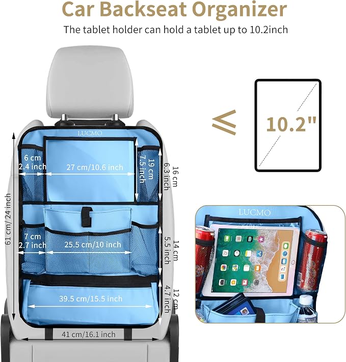 LUCMO Car Backseat Organizer with Touch Screen Tablet Holder, Light Blue | 2 Pcs,9 Storage Pockets,Clear Tablet Holder,Protectors Kick Mats,Travel Accessories,Seat Cover,Road Trip Essentials