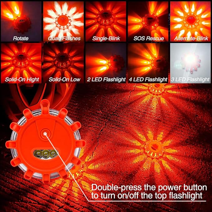 AUTOXBERT 3 PCS LED Road Flares Flashing Warning Lights Roadside Safety Emergency Disc Beacon with Magnetic Base & Hook for Car Truck or Marine Boat
