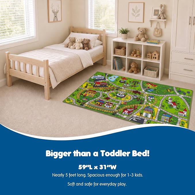 Boooooom Jackson Kids Car Rug with Gift Box 4'11"x2'7" | Non-Slip Washable City Road Play Mat, Train Track, Birthday Gift for Toddlers, Classroom & Playroom