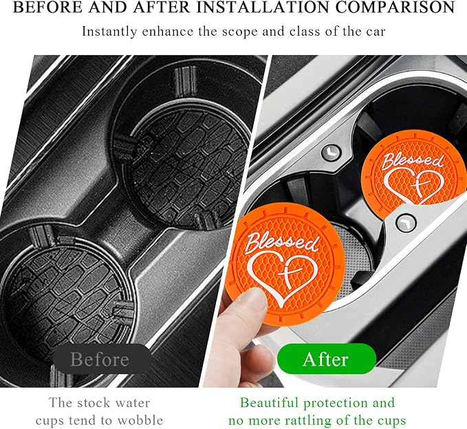 KVAEY 2 PCS Car Cup Holder Coasters, 2.76 Inch Anti Slip Vehicle Drink Mats with Cute Blessed Cross and Heart, Shockproof, Universal Car Accessories (Orange, 4 PCS)