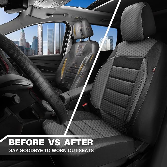 CAR PASS Leather Seat Covers Full Set Universal Water Resistant 3D Foam Back Support, Luxury Comfort Automotive 5 Seat Covers All Season Fit for SUV,Sedan,Van, Airbag Compatible Elegance(Gray Black)