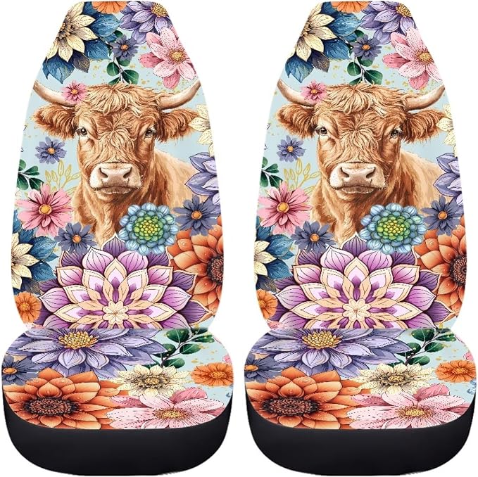 Anti-Slip Car Seat Cover Front Seats Only,Boho Mandala Highland Cow Comfort Automotive Car Interior Covers Vehicle Cushion Seat Cover Set,Auto Interior Decoration