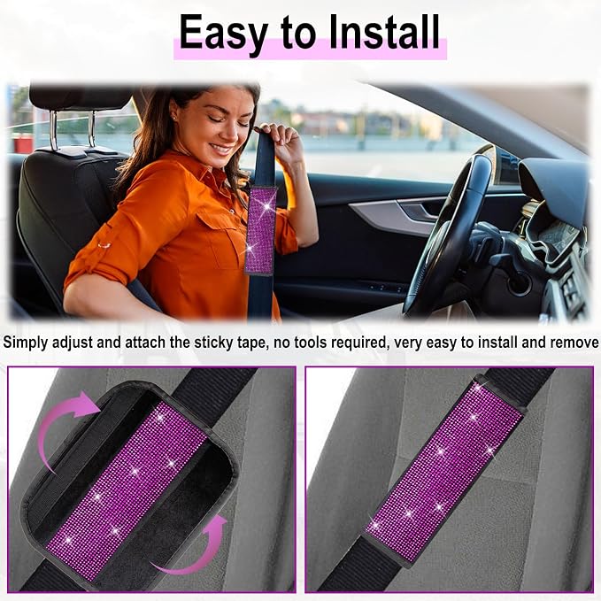 ecocstm 2 PCS Bling Car Seat Belt Shoulder Pads, Bling Seat Belt Covers with Bling Rhinestones, Car Accessories Seatbelt Strap Pad with Crystal Diamond for Car, Truck, SUV (Pink Purple Diamond)
