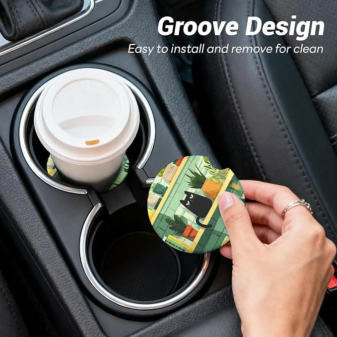 2 Pack Ceramic Car Coasters for Cup Holder, 2.56 in Anti Slip Absorbent Coaster with Cork Base and Finger Notch, Funny Cute Car Accessories for Women, Poke Face Cat