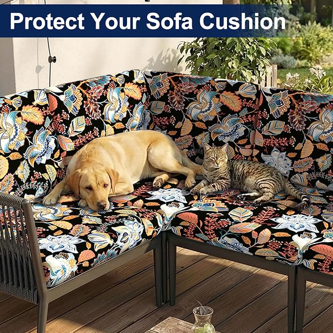 Smiry Waterproof Patio Cushion Covers, Stretch Outdoor Couch Slipcovers Replacement Washable Furniture Protector Sofa Chair Seat Cover for Dogs and Pets (4 Pcs, Black and Orange)