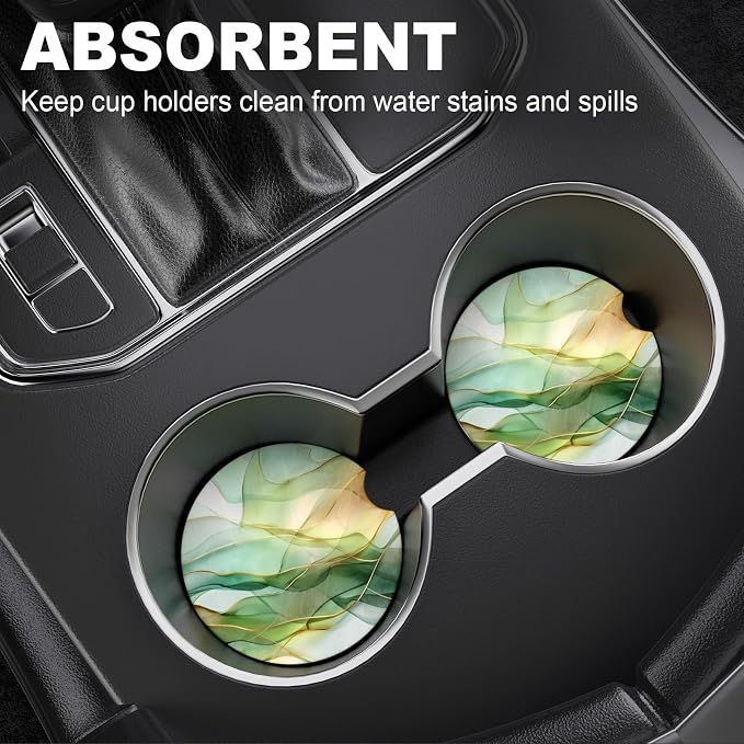2 Pack Car Cup Holder Coaster, 2.63 inch Anti Slip Insert Absorbent Ceramic Car Coaster with Cork Base and Finger Notch, Cute Car Accessories Interior for Women, Cute Car Coasters.