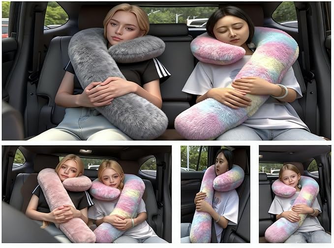 Car Travel Pillow, car Pillow for Kids and Adults, Ergonomic Travel Pillow Providing Neck and Body Support, a Sleep aid, Children's Travel Pillow-Rainbow Powder
